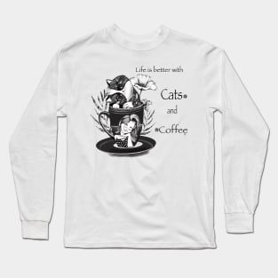 Coffee and Cat with Girl Long Sleeve T-Shirt